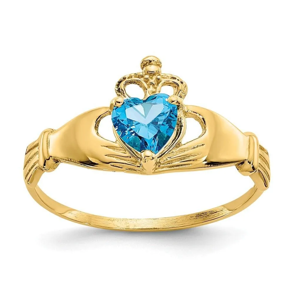 14k Yellow Gold CZ Birthstone Claddagh Heart Ring