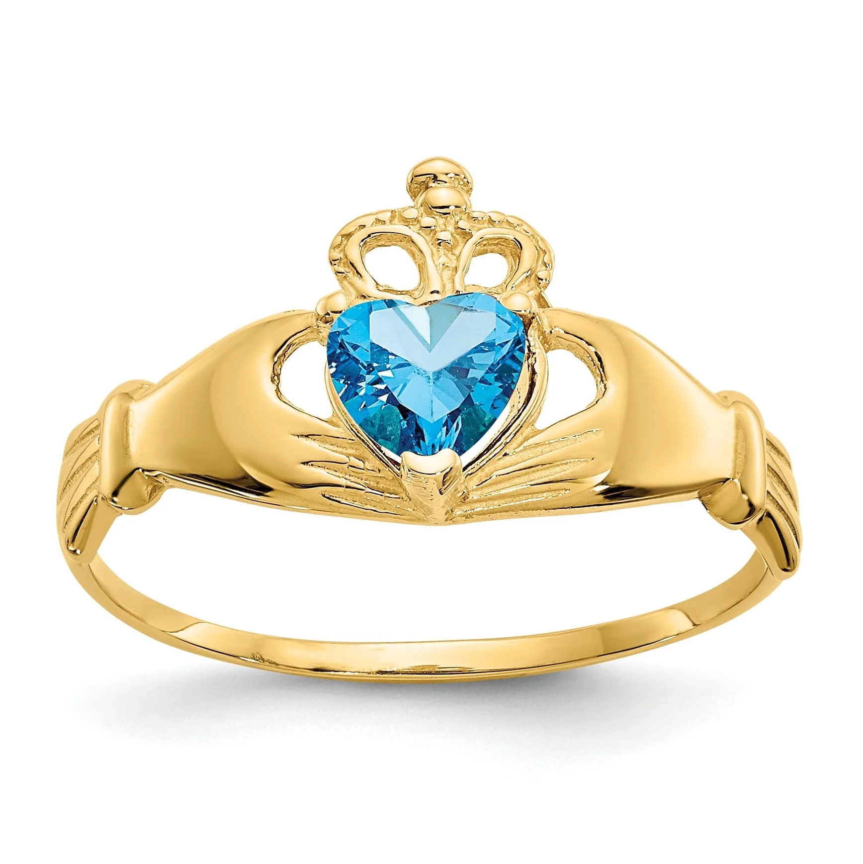 14k Yellow Gold CZ Birthstone Claddagh Heart Ring