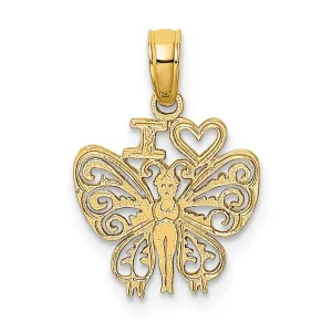 14K Yellow Gold I HEART Butterfly Charm Pendant