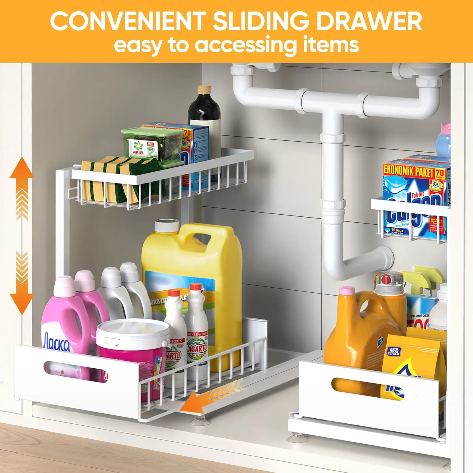 2 Pack Under Sink Organizer Storage 2-Tier Premium Metal Pull-Out Racks, Height Adjustable, Easy Installation | Kitchen & Bathroom Organizers White