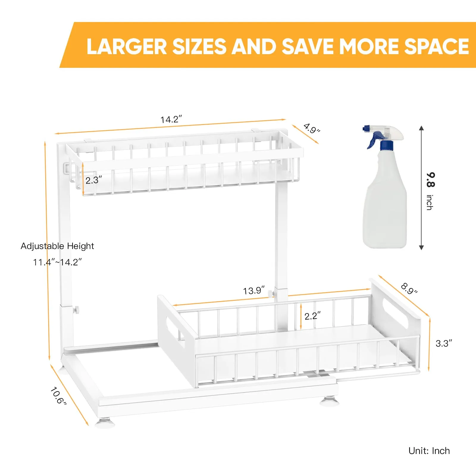 2 Pack Under Sink Organizer Storage 2-Tier Premium Metal Pull-Out Racks, Height Adjustable, Easy Installation | Kitchen & Bathroom Organizers White