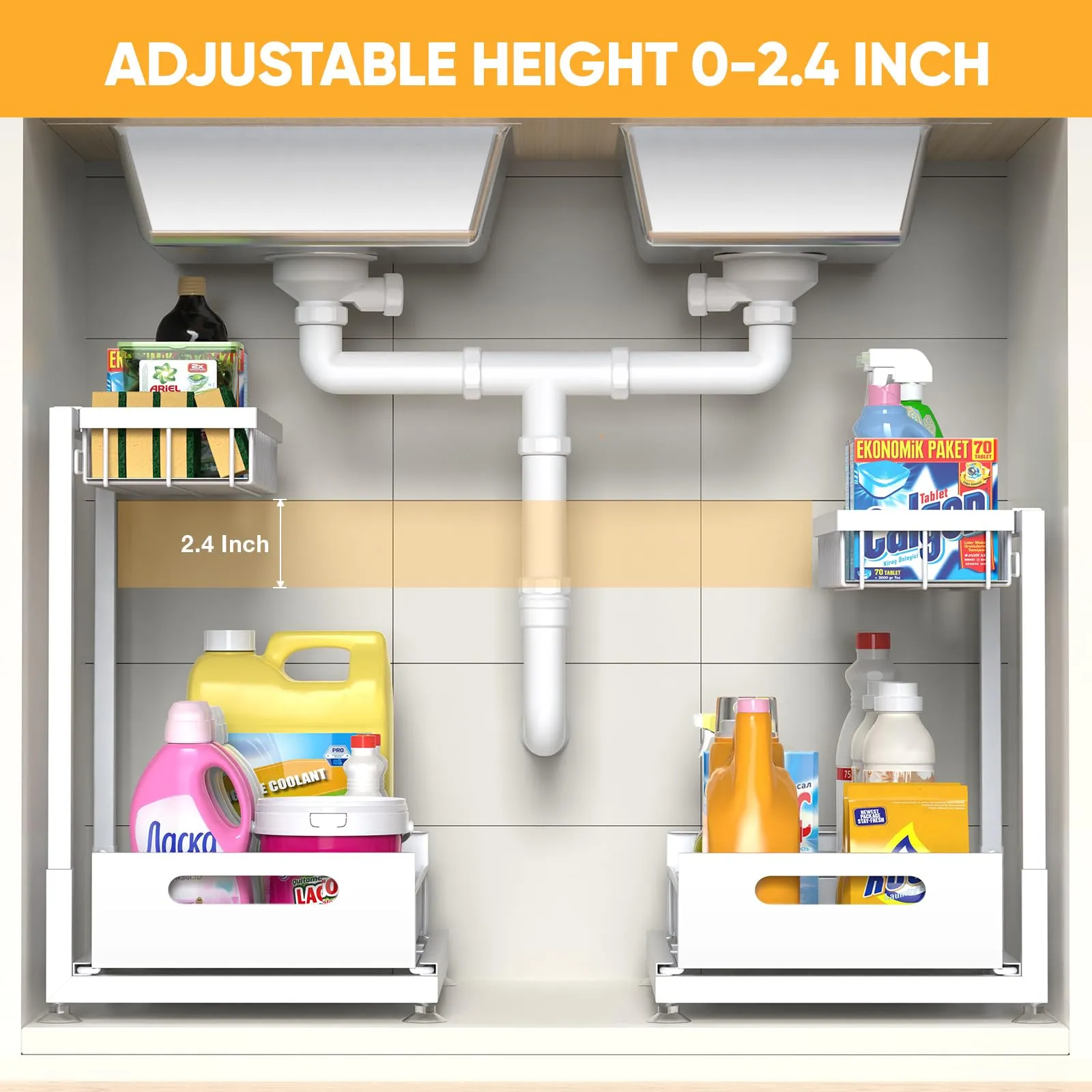 2 Pack Under Sink Organizer Storage 2-Tier Premium Metal Pull-Out Racks, Height Adjustable, Easy Installation | Kitchen & Bathroom Organizers White