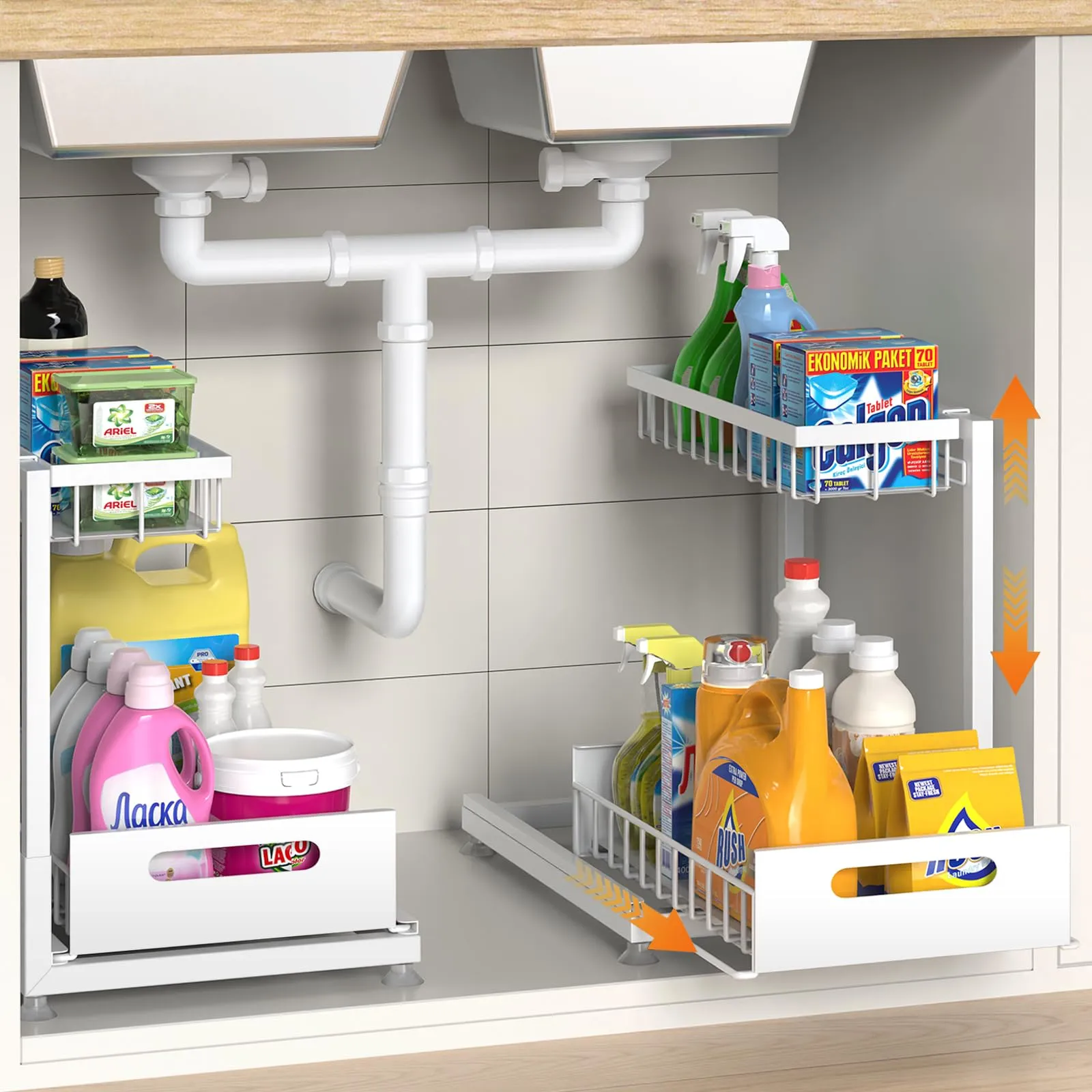 2 Pack Under Sink Organizer Storage 2-Tier Premium Metal Pull-Out Racks, Height Adjustable, Easy Installation | Kitchen & Bathroom Organizers White