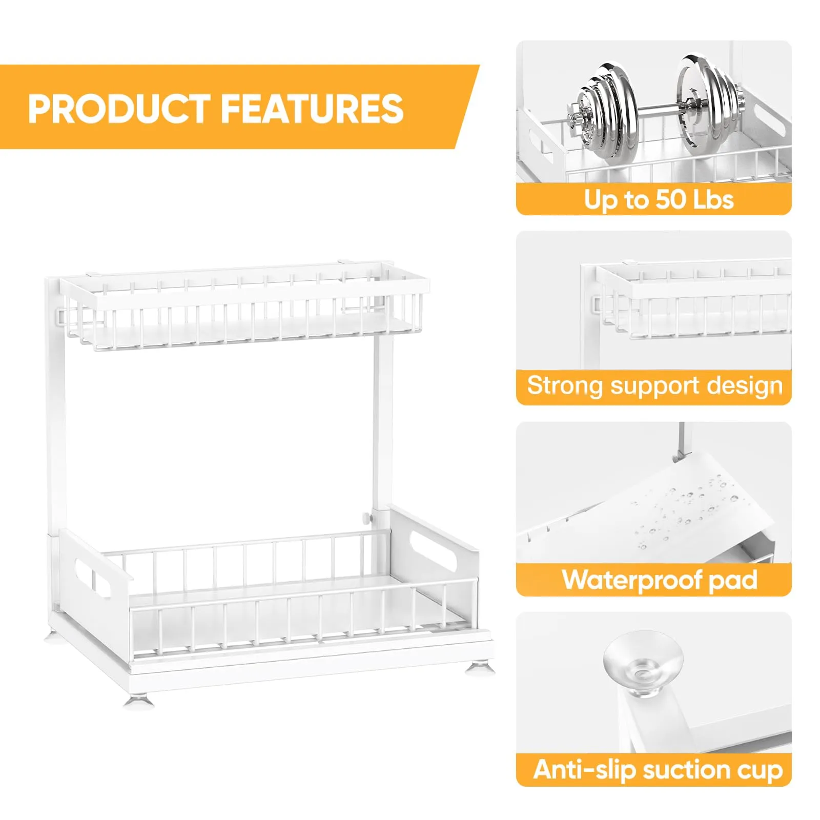 2 Pack Under Sink Organizer Storage 2-Tier Premium Metal Pull-Out Racks, Height Adjustable, Easy Installation | Kitchen & Bathroom Organizers White