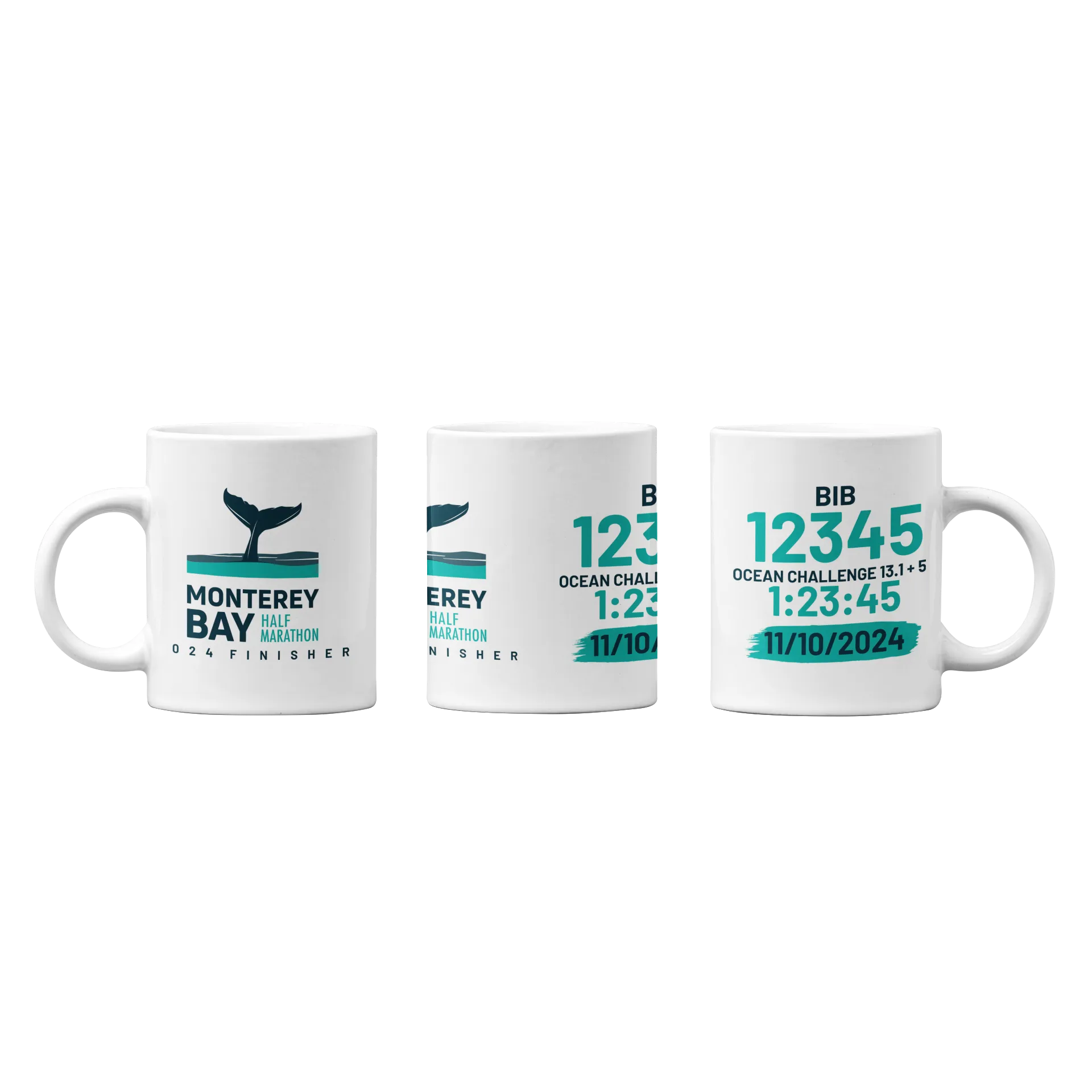 2024 Monterey Bay Half Marathon Finisher Mug with Personalized Bib and Time