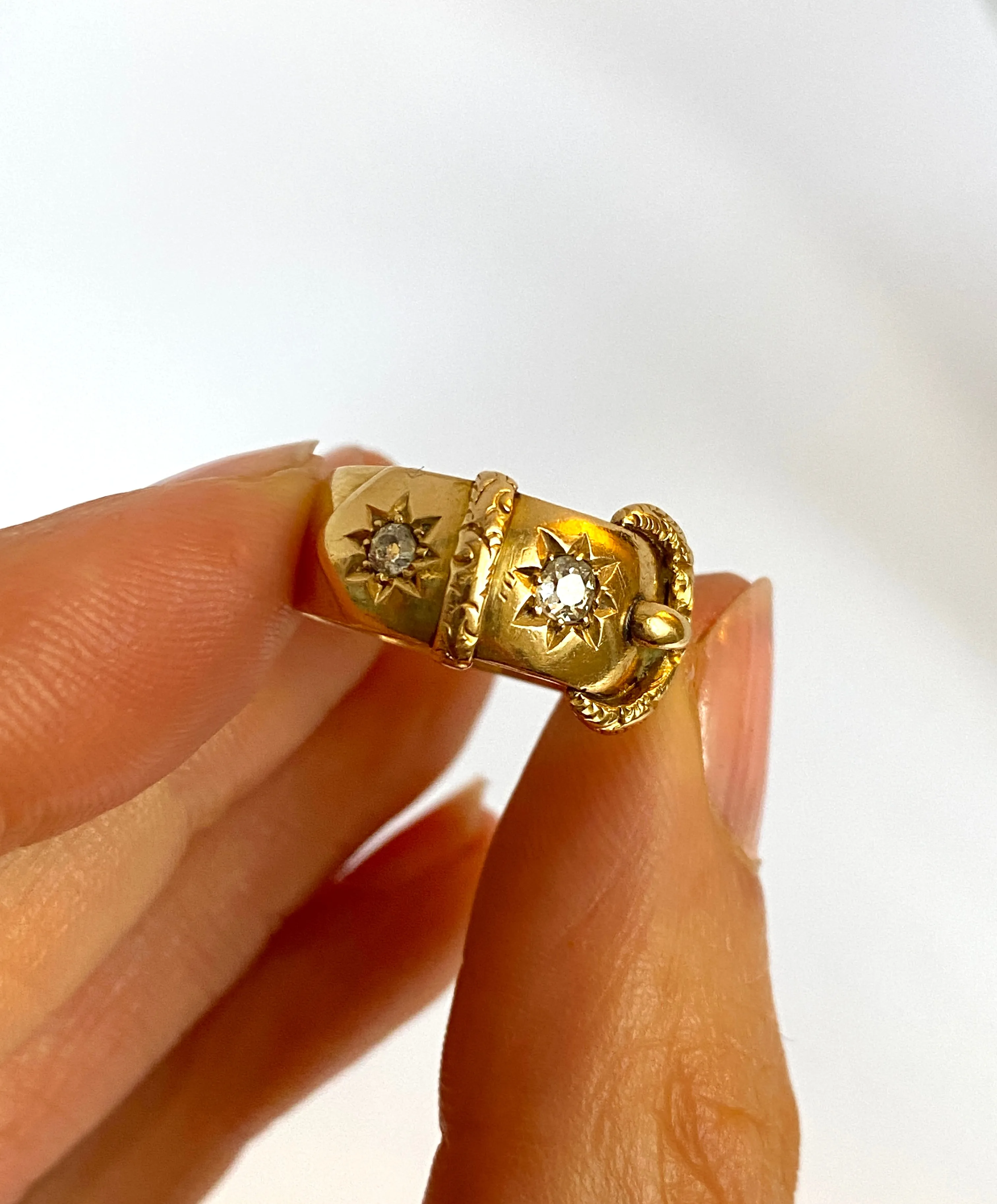 3rd payment Mel, 18ct Gold Double Diamond Starburst Buckle Ring, Hallmarked, Birmingham, 1917