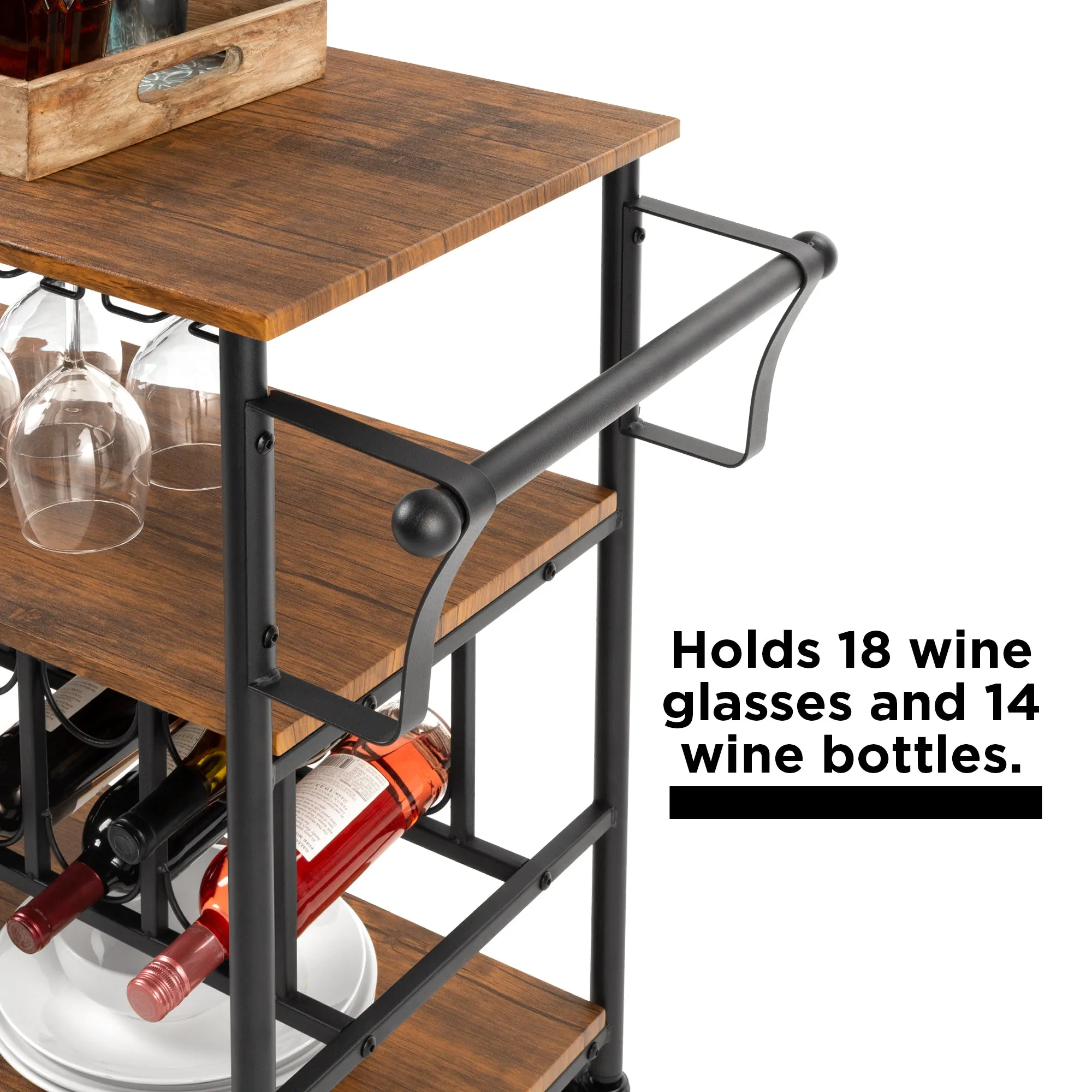 45in Industrial Wood Shelf Bar & Wine Cart w/ Bottle & Glass Racks