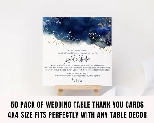 50-Pack Navy Watercolor Wedding Thank You Cards - 4x4 Reception Table Favors