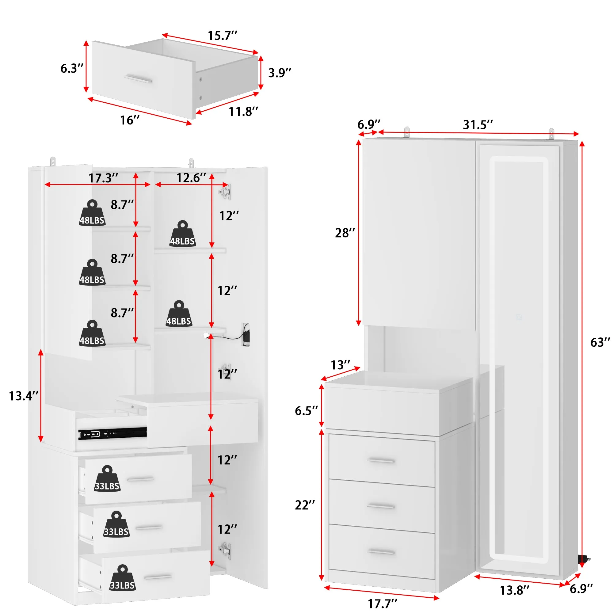 63'' H 3 Drawer Armoire Wardrobe With Adjustable LED Dressing Mirror