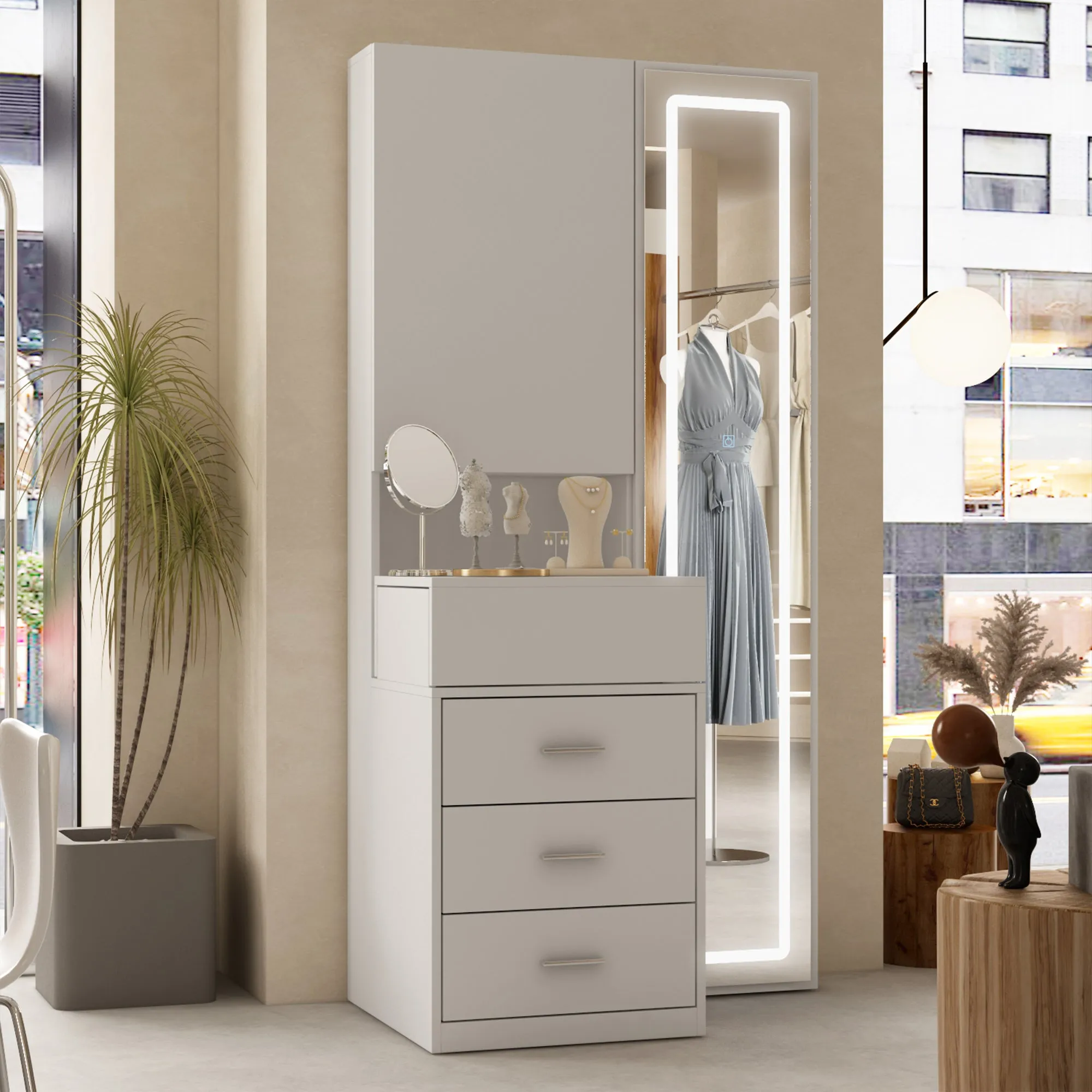 63'' H 3 Drawer Armoire Wardrobe With Adjustable LED Dressing Mirror