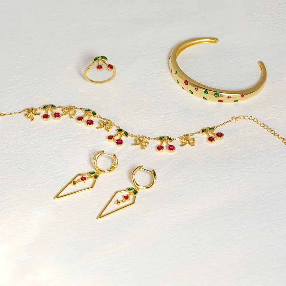 925 Silver Cute Golden Cherry Set