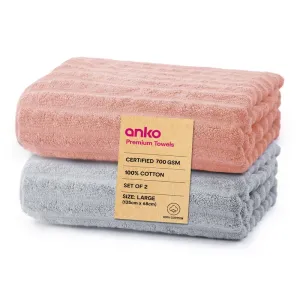 Anko Australia 100% Cotton 700 GSM Large Ribbed Bath Towel | Set of 2 | Super-Soft, Absorbent, Quick-Drying | Pink & Grey Towel for Men, Women & Kids | 135x68 cm |Travel, Gym, Spa Towel