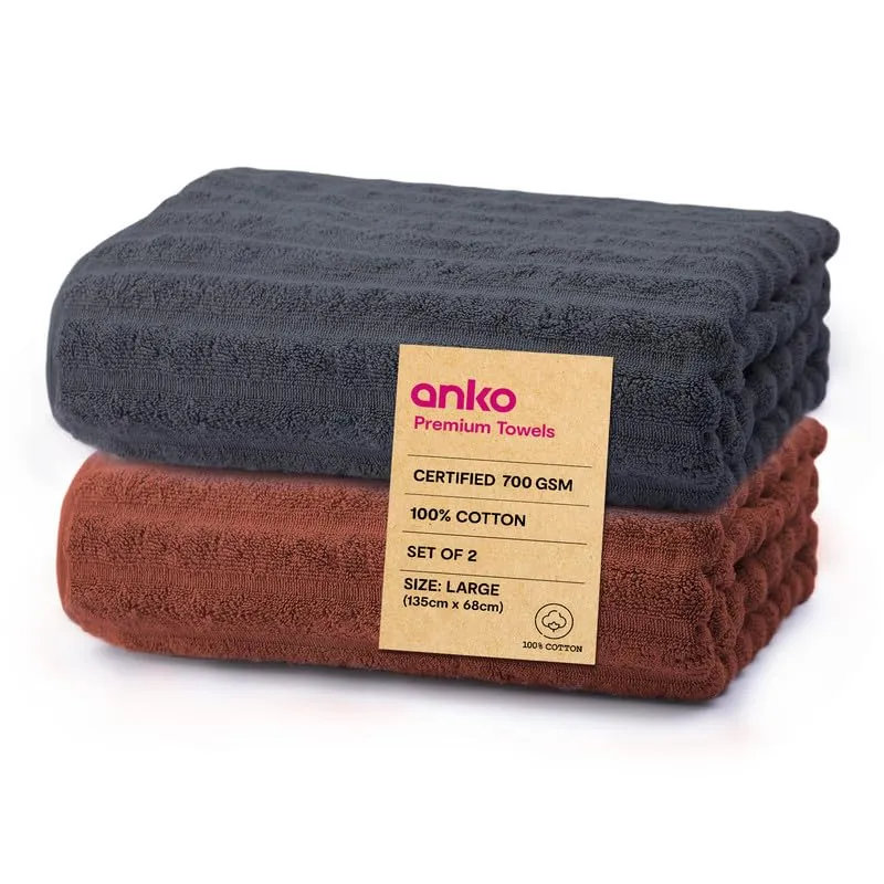 Anko Australia 100% Cotton 700 GSM Large Ribbed Bath Towel | Set of 2 | Super-Soft, Absorbent, Quick-Drying | Rust & Dark Grey Towel for Men, Women & Kids | 135x68 cm |Travel, Gym, Spa Towel