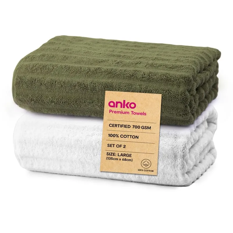 Anko Australia 100% Cotton 700 GSM Large Ribbed Bath Towel | Set of 2 | Super-Soft, Absorbent, Quick-Drying | White & Olive Towel for Men, Women & Kids | 135x68 cm |Travel, Gym, Spa Towel