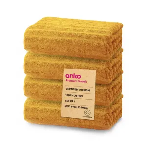 Anko Australia 100% Cotton 700 GSM Ribbed Hand Towel | Set of 4 | Super-Soft, Absorbent, Quick-Drying | Mustard Towel for Men, Women & Kids | 60x40 cm |Travel, Gym, Spa Towel