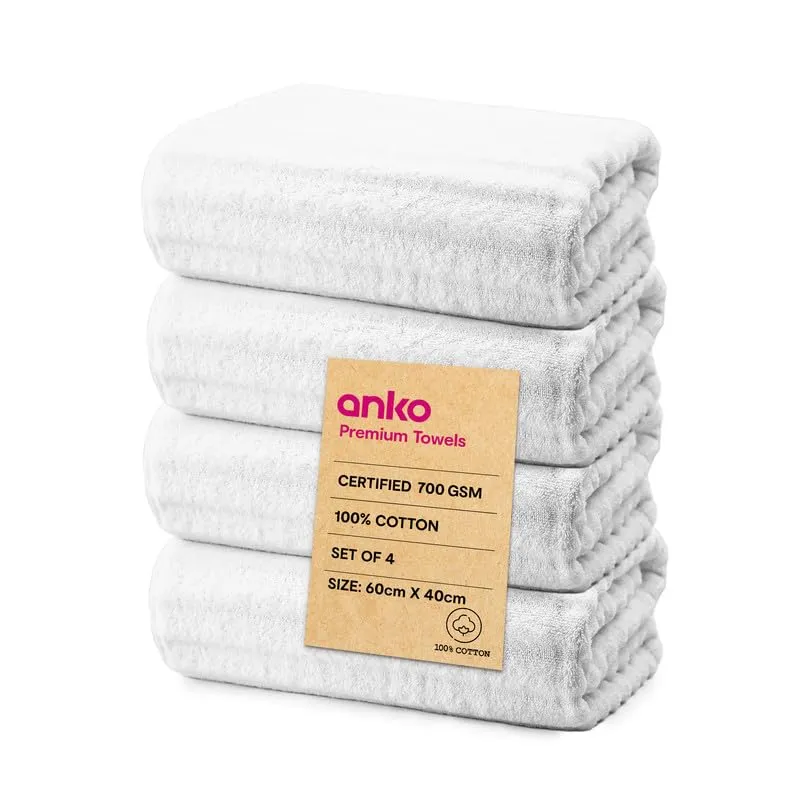 Anko Australia 100% Cotton 700 GSM Ribbed Hand Towel | Set of 4 | Super-Soft, Absorbent, Quick-Drying | White Towel for Men, Women & Kids | 60x40 cm |Travel, Gym, Spa Towel