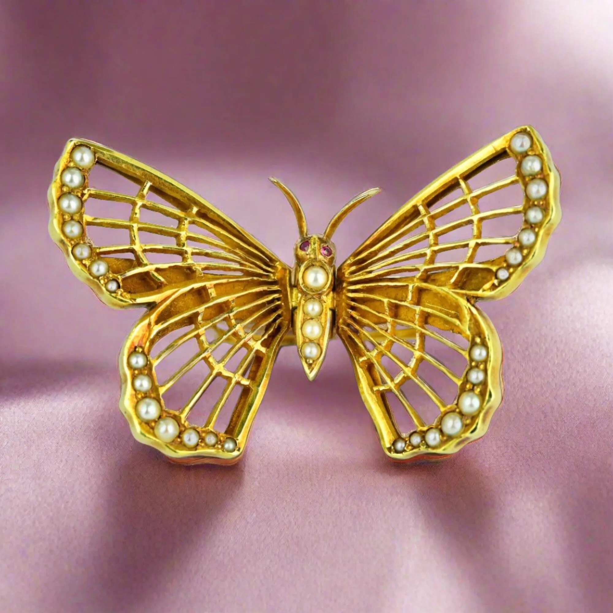 Antique AJ Hedges 14K Gold Pearl Ruby Butterfly Brooch Clip