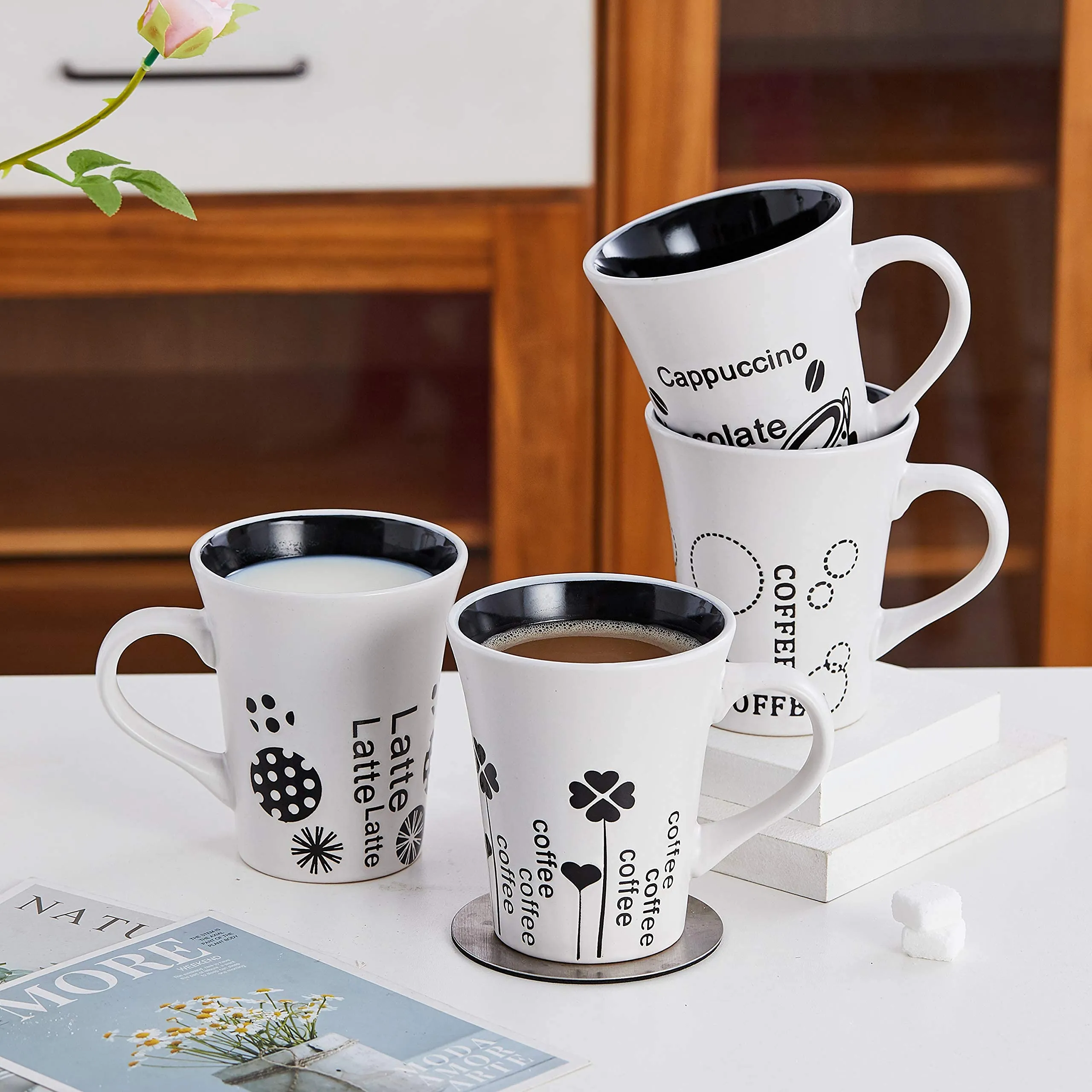 Bruntmor Set Of 4 Matte Black Novelty Coffee-Themed Sayings for Coffee, Tea, Cocoa, Large