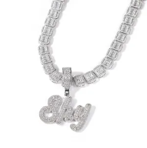 Brush Cursive Nameplate Necklace Iced Out Baguette Diamond Chain