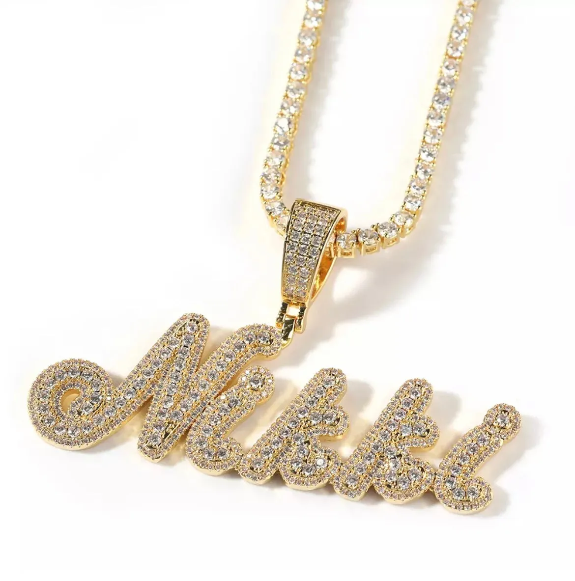 Brush Cursive Nameplate Necklace Iced Out Baguette Diamond Chain