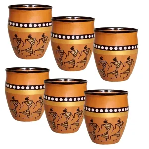 Ceramic Kokopelli Art Handcrafted Print Kulhar Tea and Coffee Cup Set- (Pack of 6, Brown)