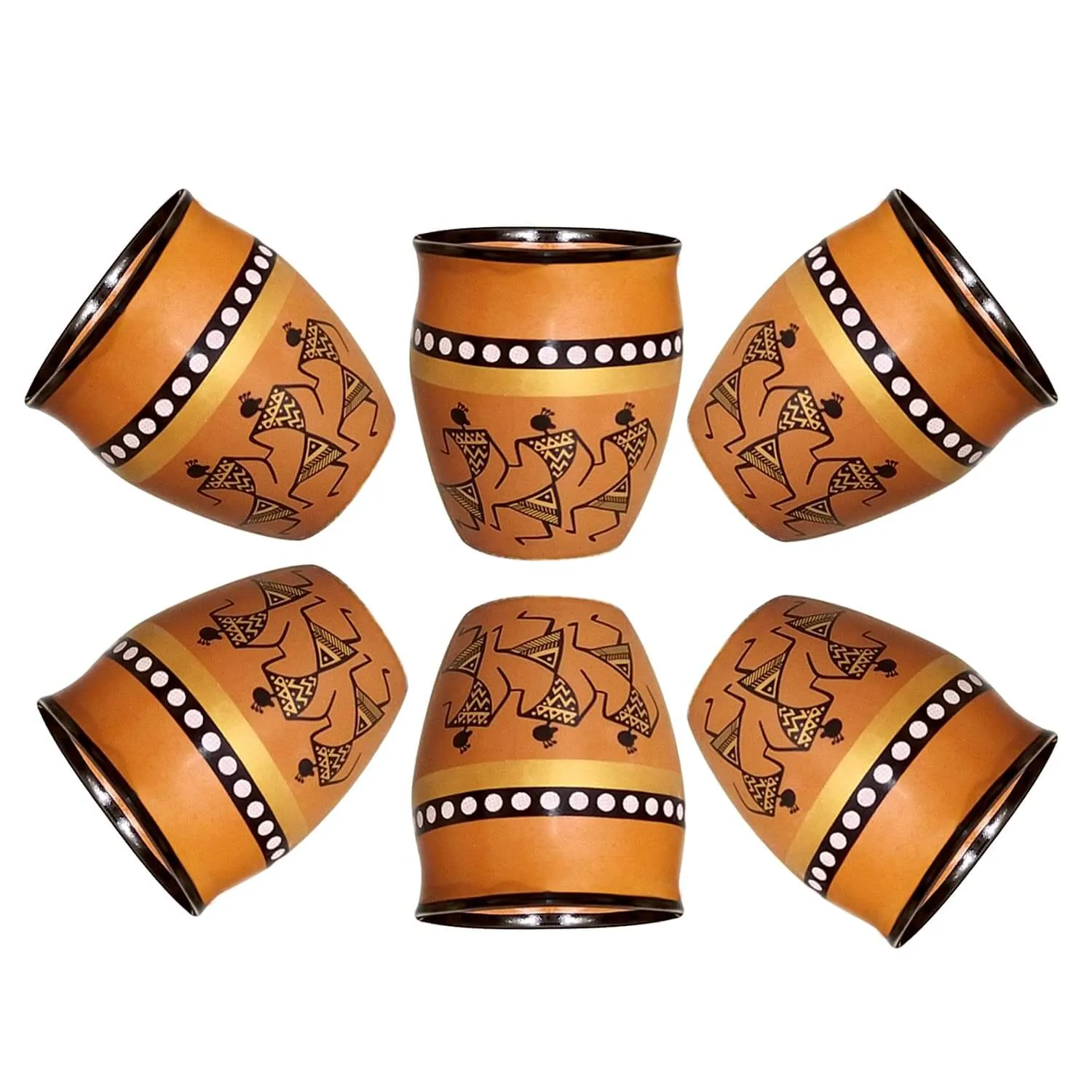 Ceramic Kokopelli Art Handcrafted Print Kulhar Tea and Coffee Cup Set- (Pack of 6, Brown)