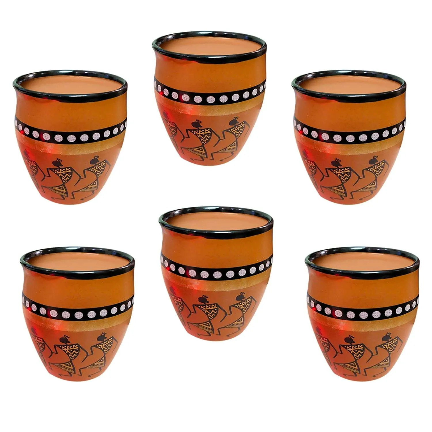 Ceramic Kokopelli Art Handcrafted Print Kulhar Tea and Coffee Cup Set- (Pack of 6, Brown)