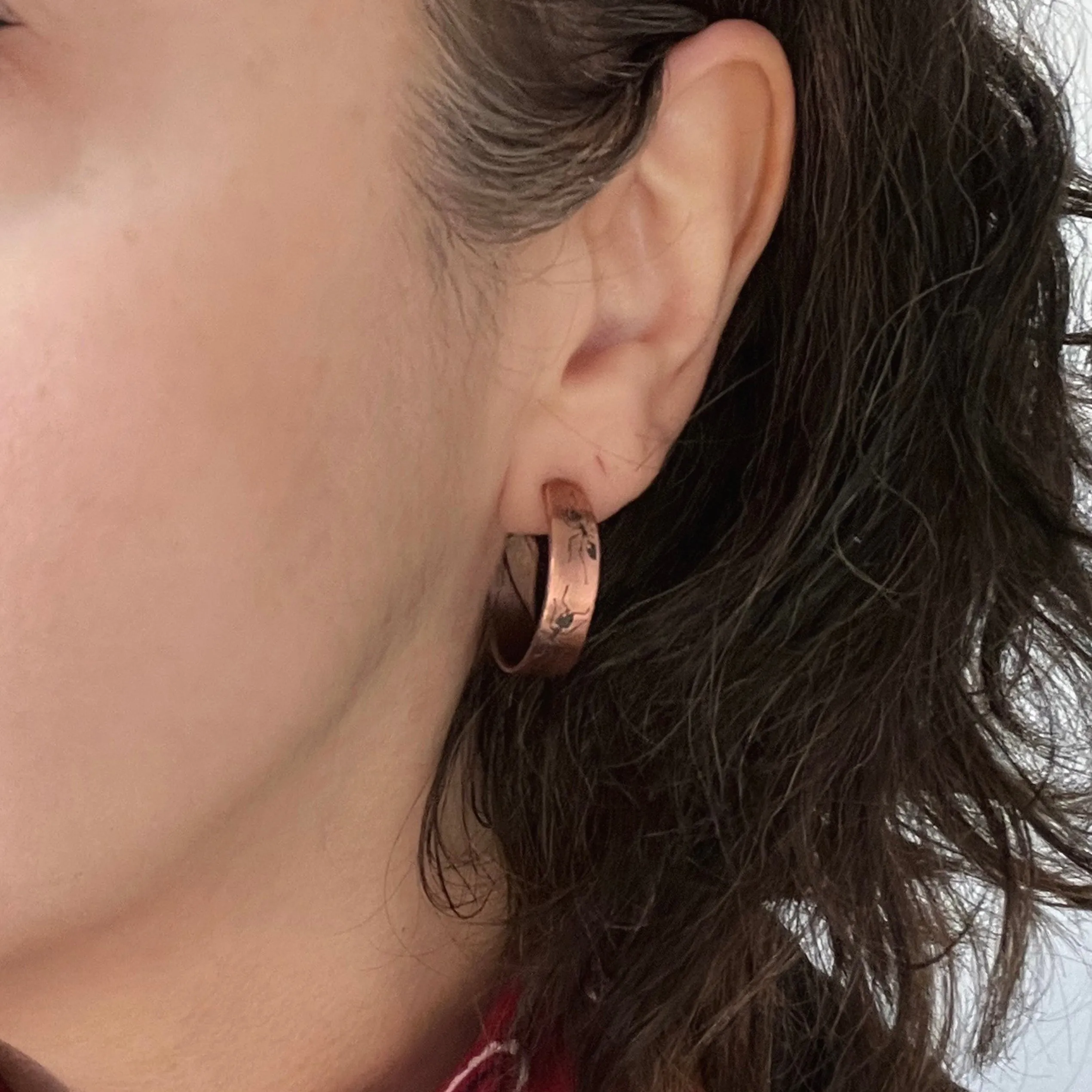 Copper and Sterling Silver Hoop Earrings with Ants -- Ant Insect Earrings Also Available in Brass and Sterling Silver