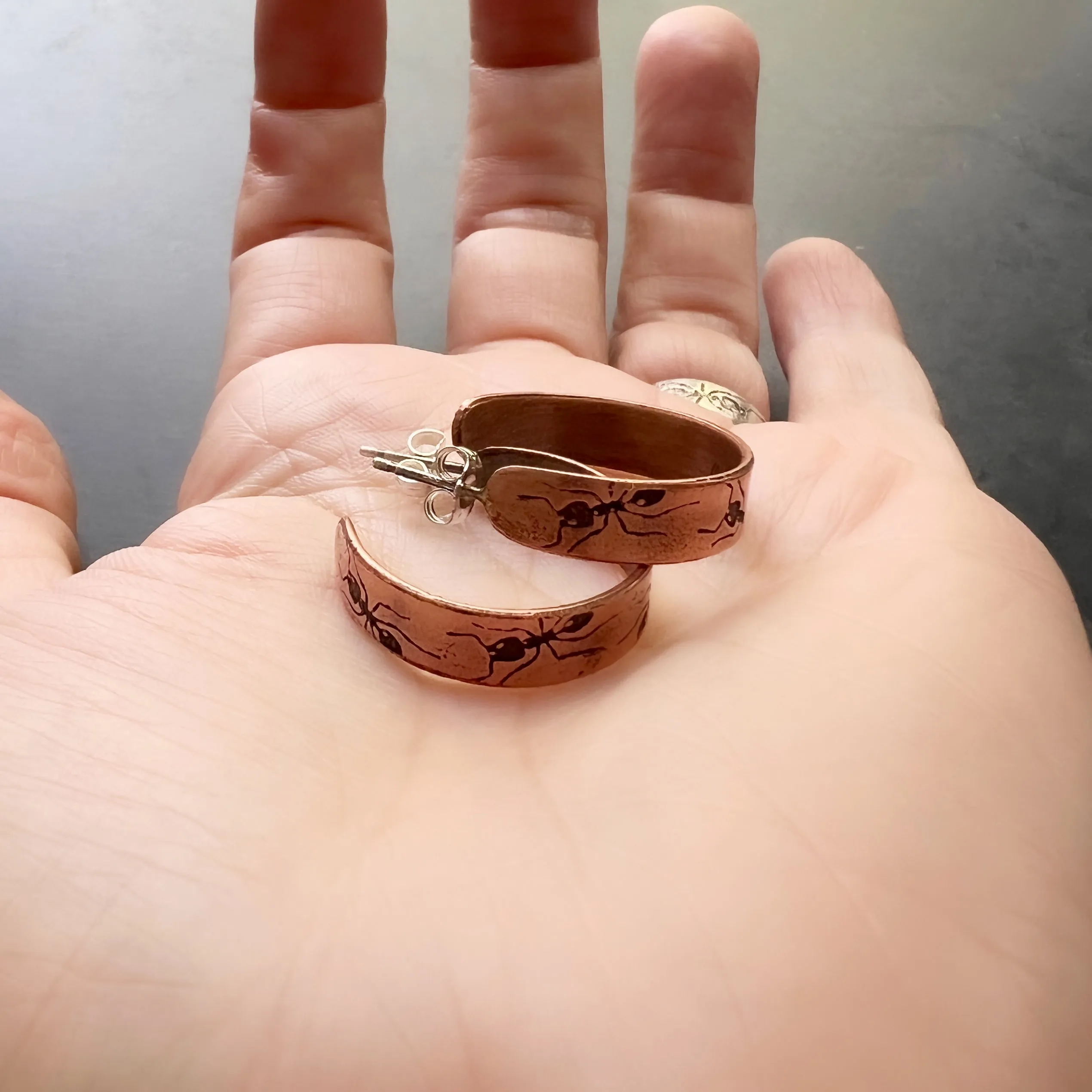 Copper and Sterling Silver Hoop Earrings with Ants -- Ant Insect Earrings Also Available in Brass and Sterling Silver