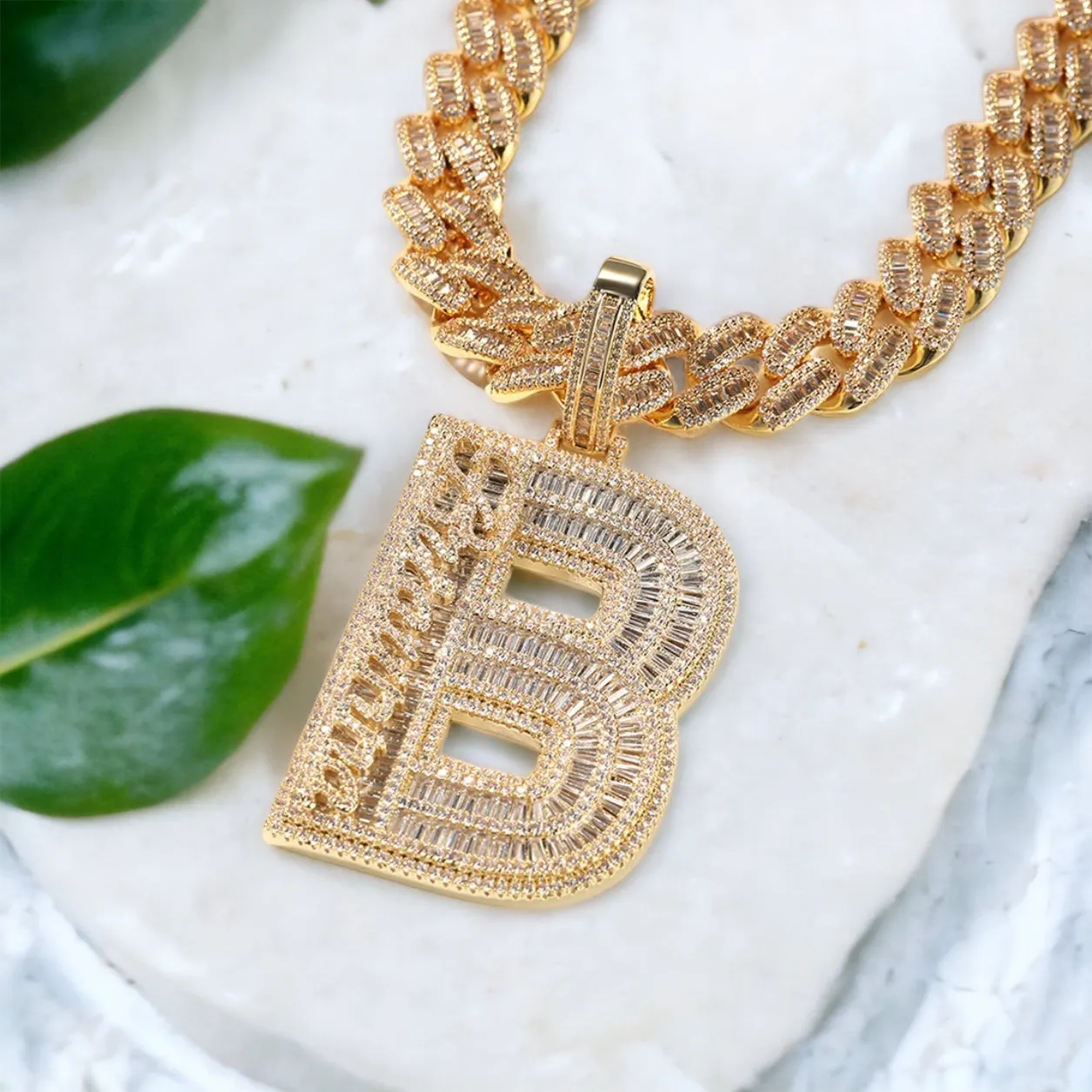 Diamond Baguette Initial Mini Letters Pendant Necklace