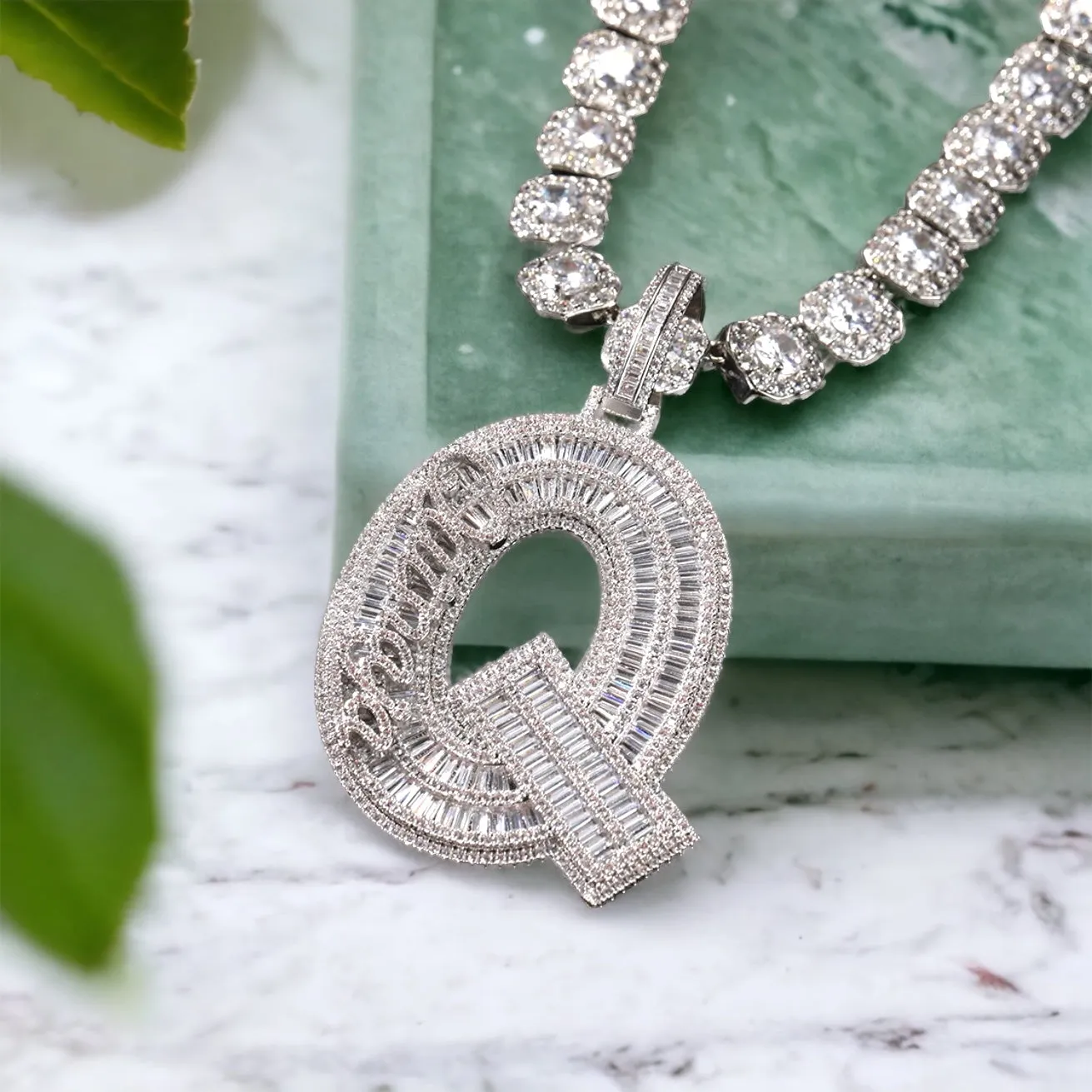 Diamond Baguette Initial Mini Letters Pendant Necklace