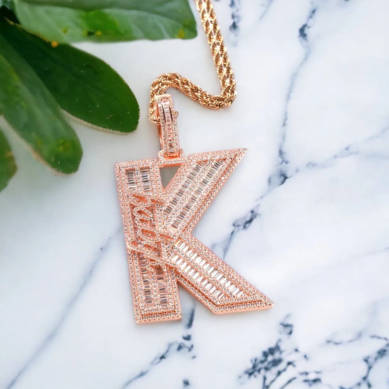 Diamond Baguette Initial Mini Letters Pendant Necklace