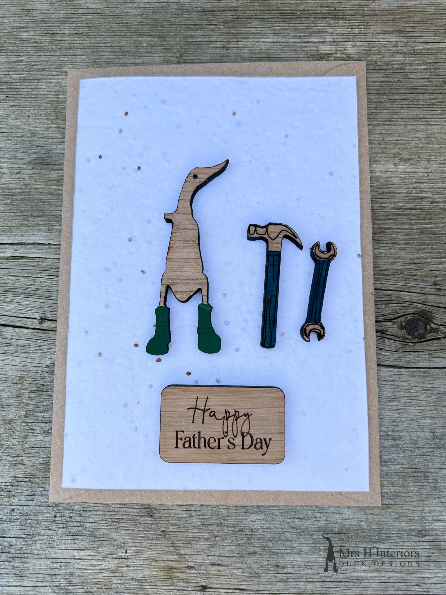 DIY Tools Birthday Card or Father’s Day Card - Handmade Seed Paper Card with Decorated Wooden Duck in Oak by Mrs H the Duck Lady