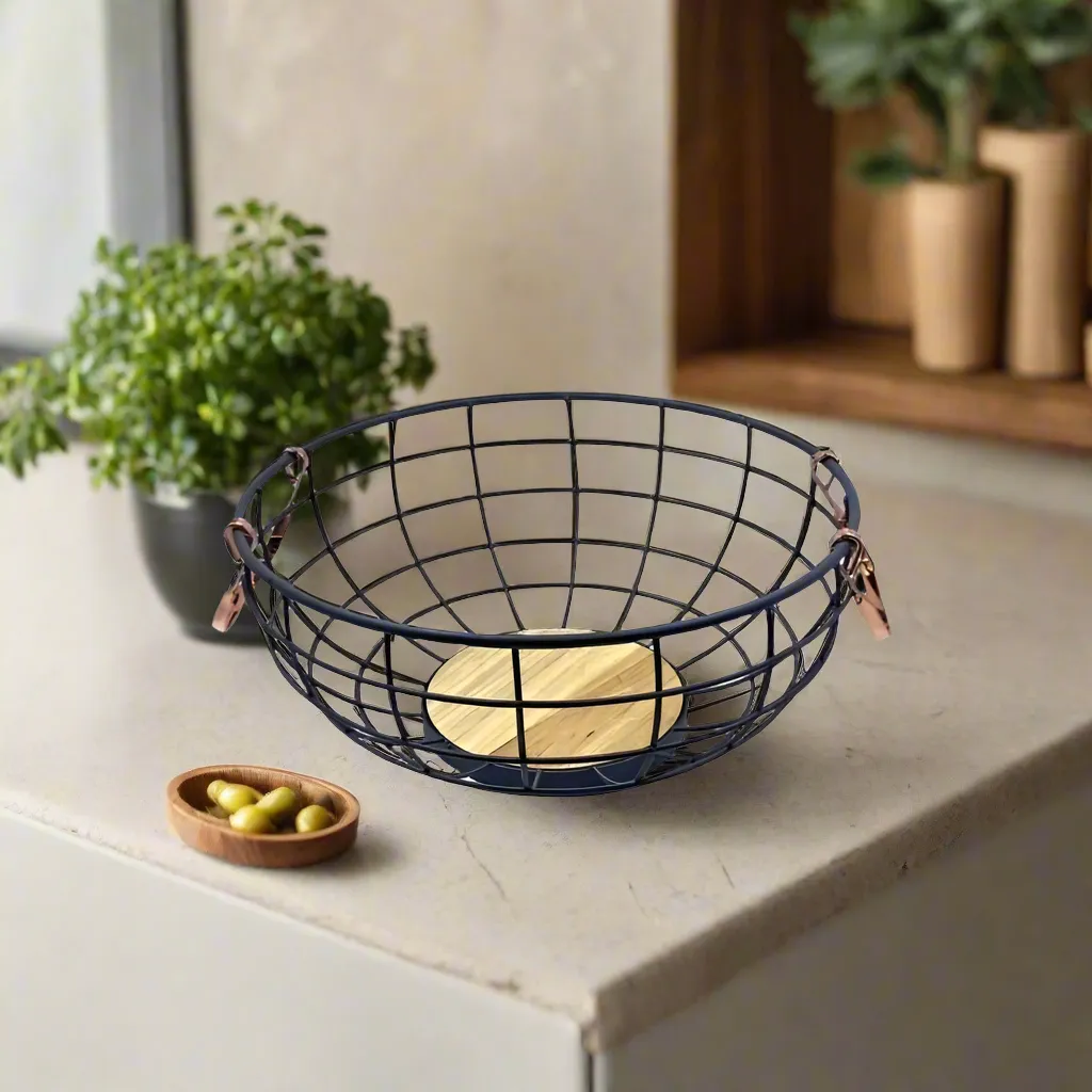 Metal Round Basket 15 x 28cm Black Wooden Base