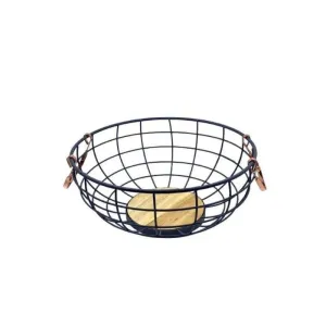 Metal Round Basket 15 x 28cm Black Wooden Base