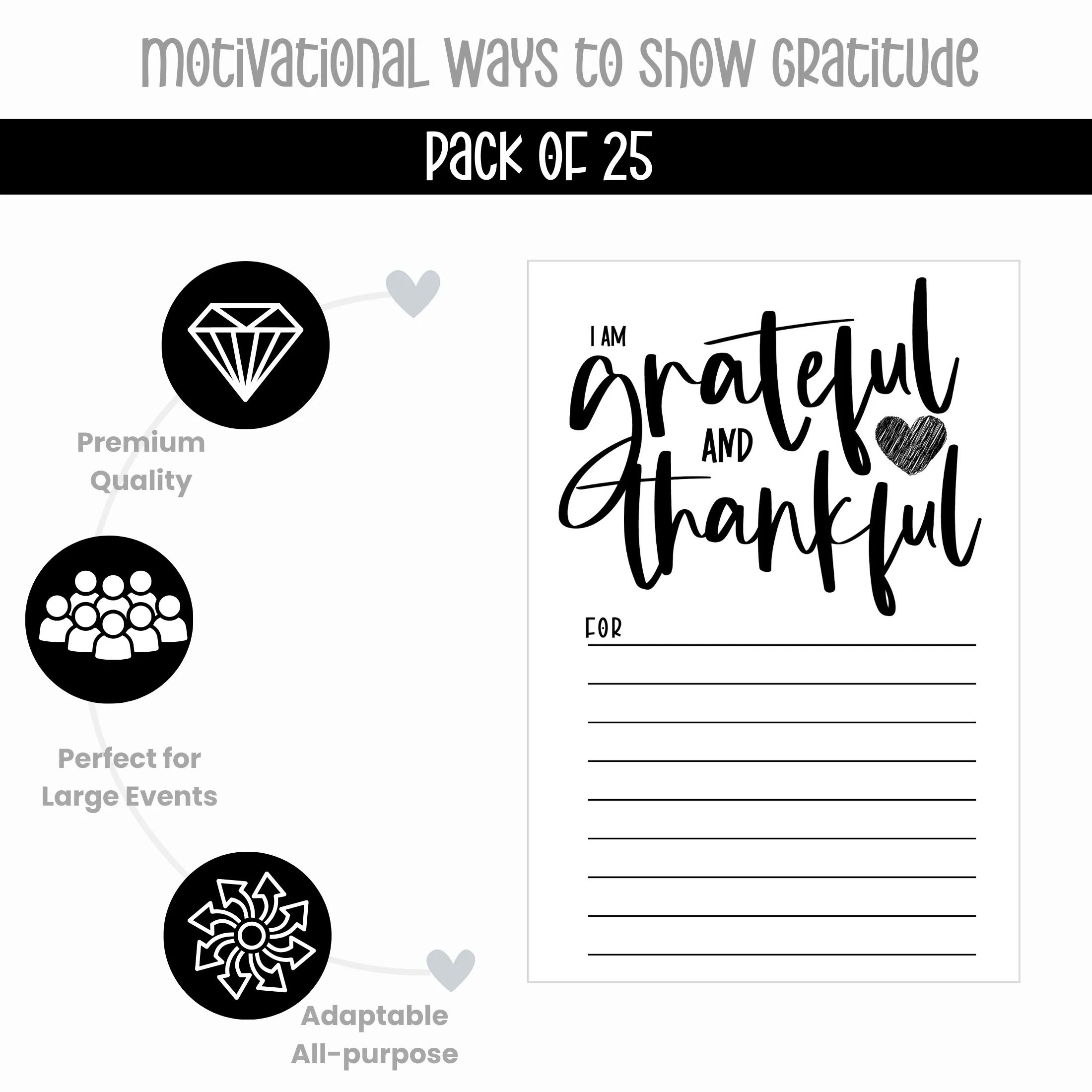 Modern Calligraphy Gratitude Cards Pack - 25 Elegant Black & White 4x6 Thankful Note Cards for Christmas, Thanksgiving, Daily Mantras - Durable Keepsake Cardstock - Perfect Holiday Party Supplies