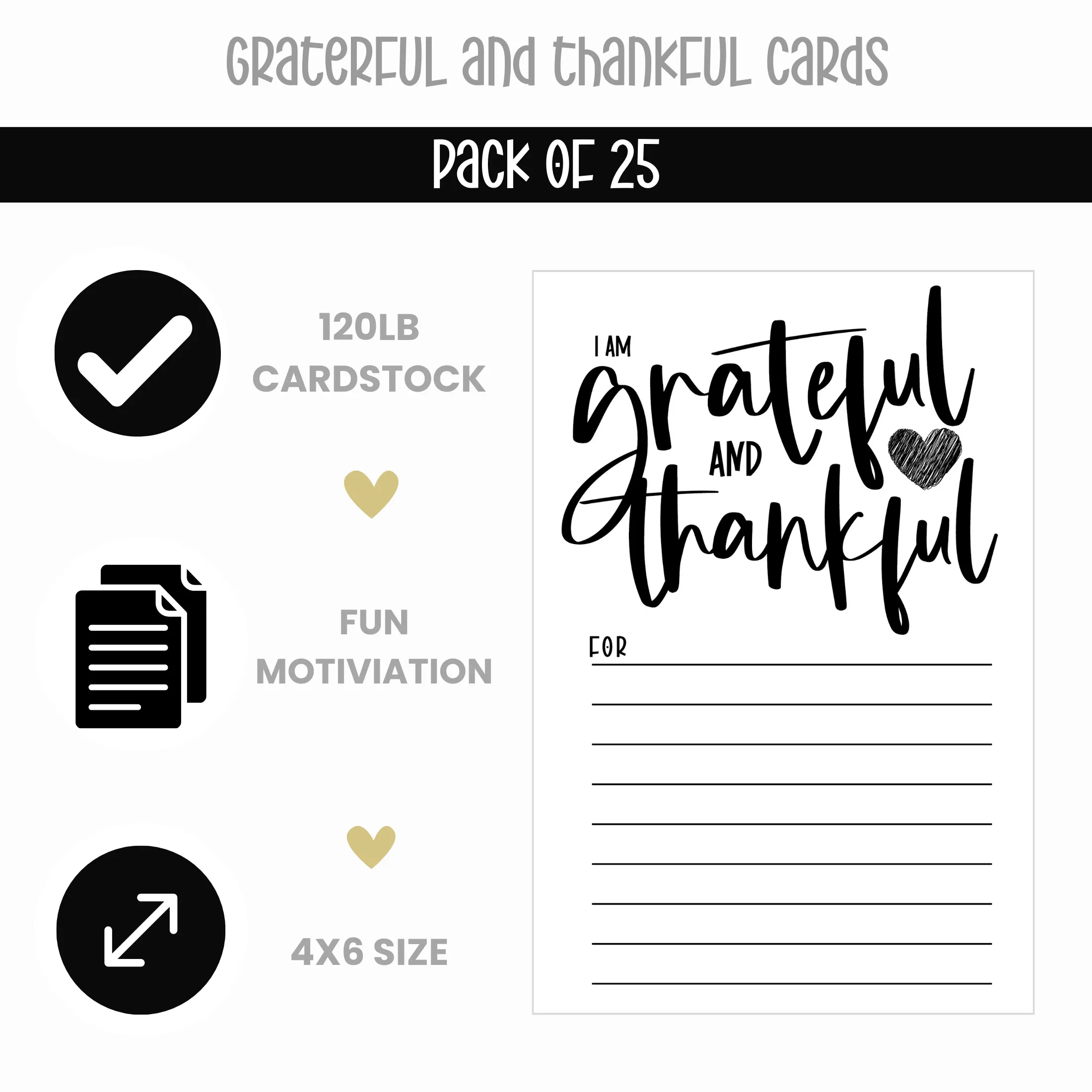 Modern Calligraphy Gratitude Cards Pack - 25 Elegant Black & White 4x6 Thankful Note Cards for Christmas, Thanksgiving, Daily Mantras - Durable Keepsake Cardstock - Perfect Holiday Party Supplies