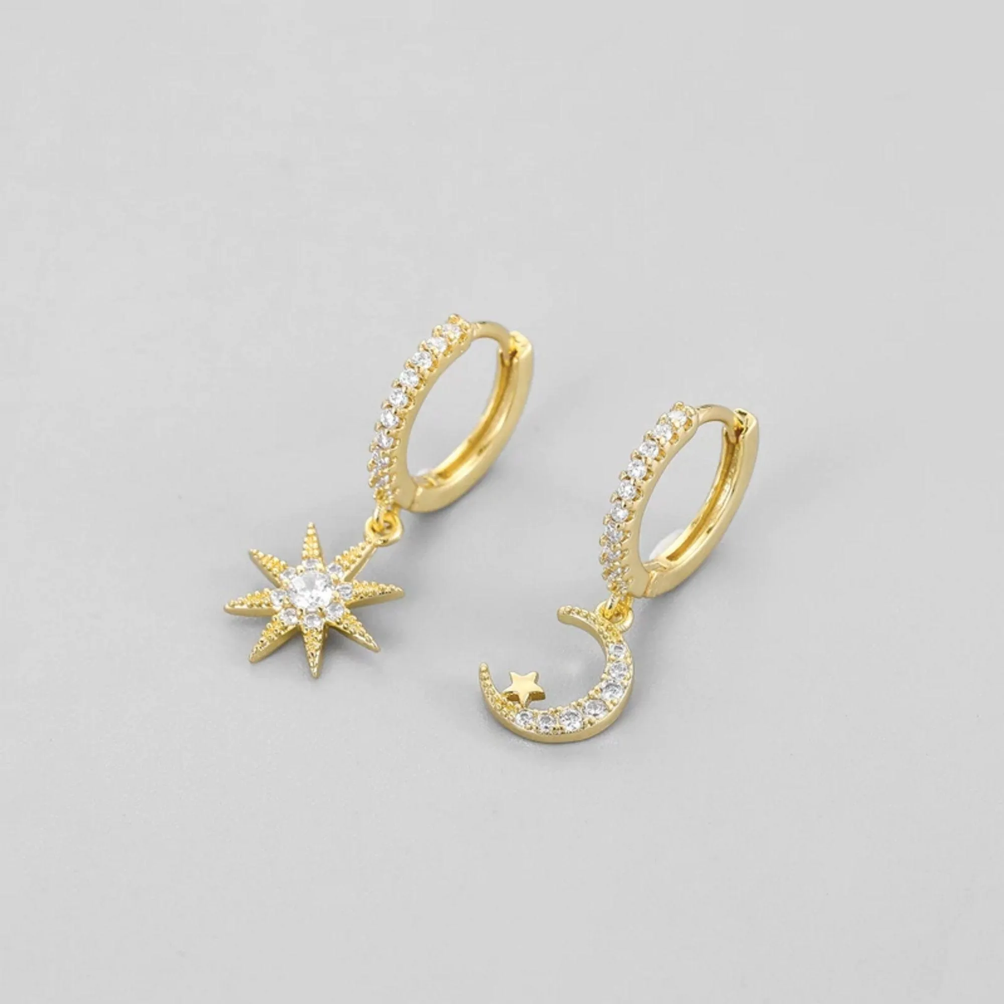 Moon Star Asymmetric Gold Hoop Earrings