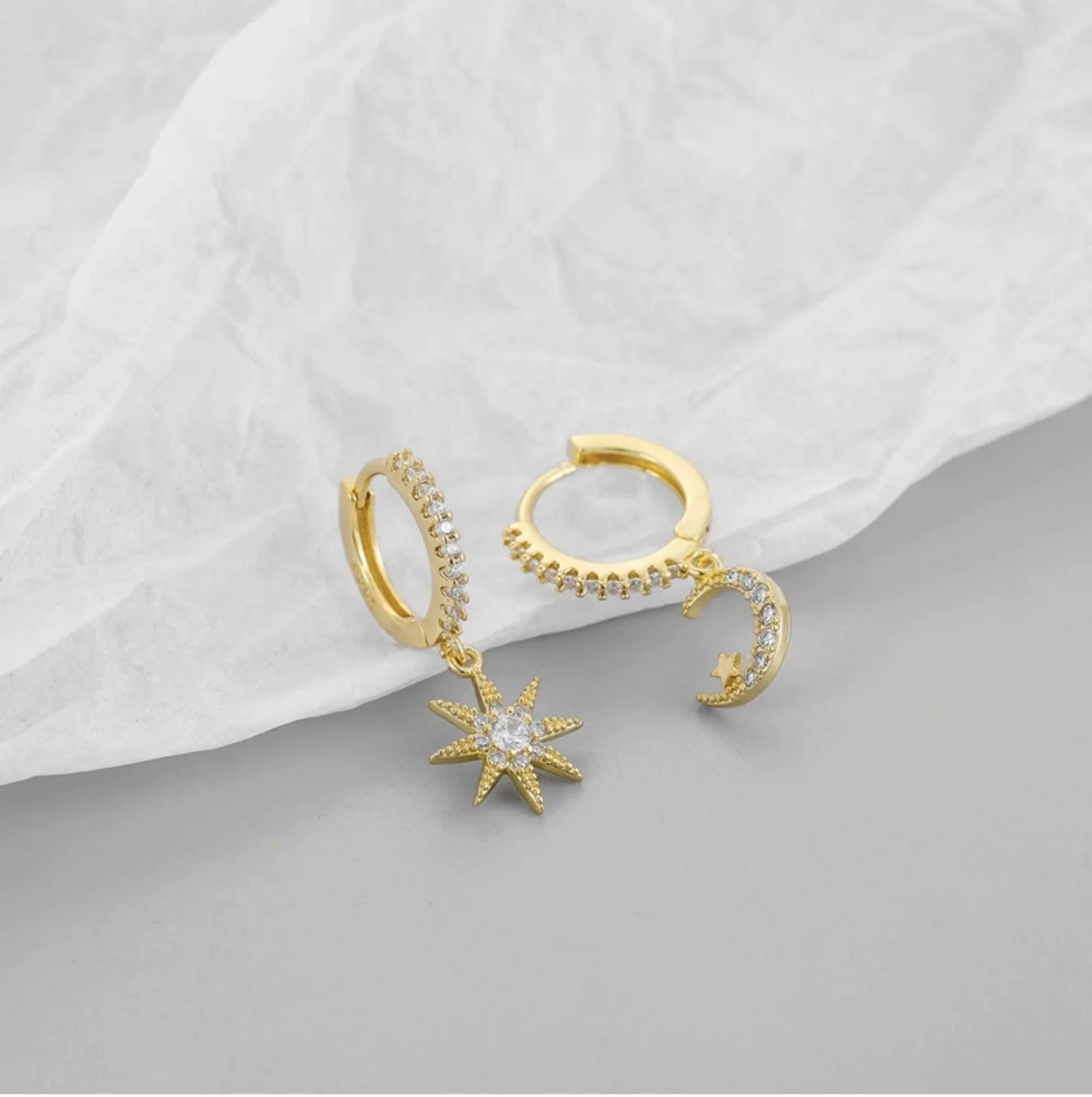 Moon Star Asymmetric Gold Hoop Earrings