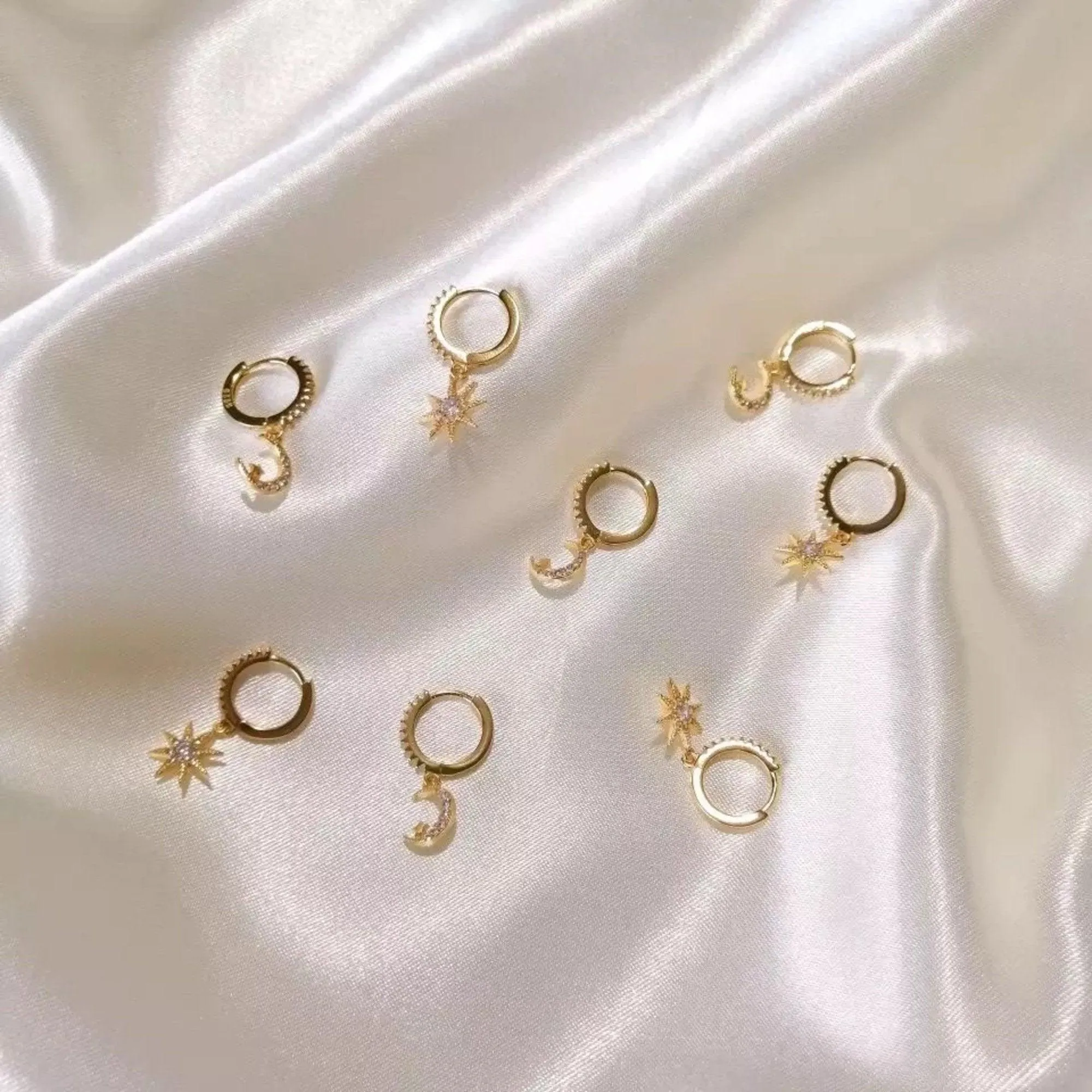 Moon Star Asymmetric Gold Hoop Earrings