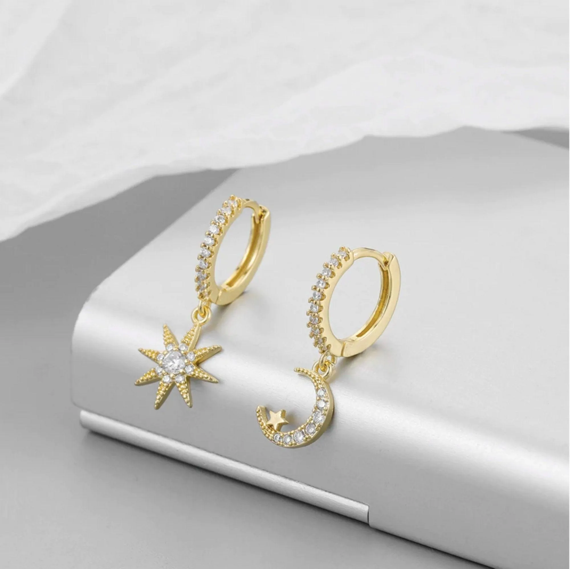 Moon Star Asymmetric Gold Hoop Earrings