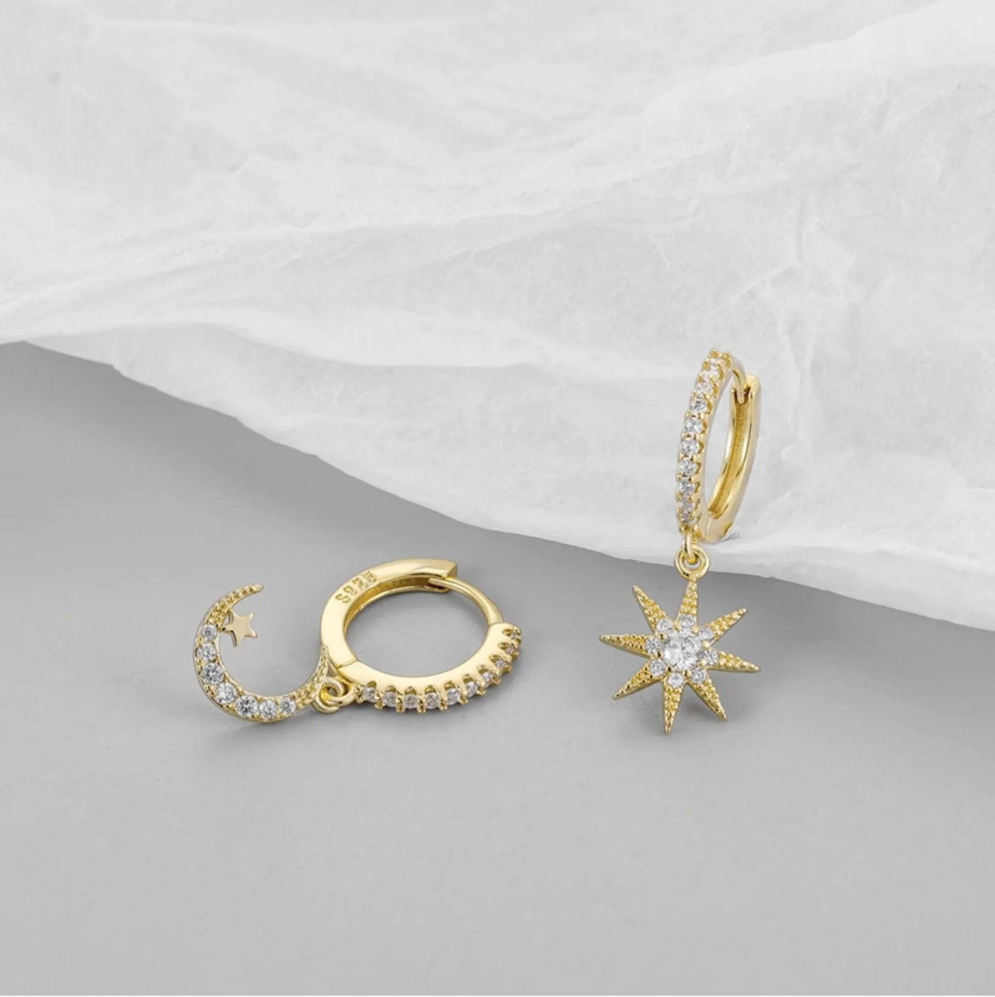 Moon Star Asymmetric Gold Hoop Earrings