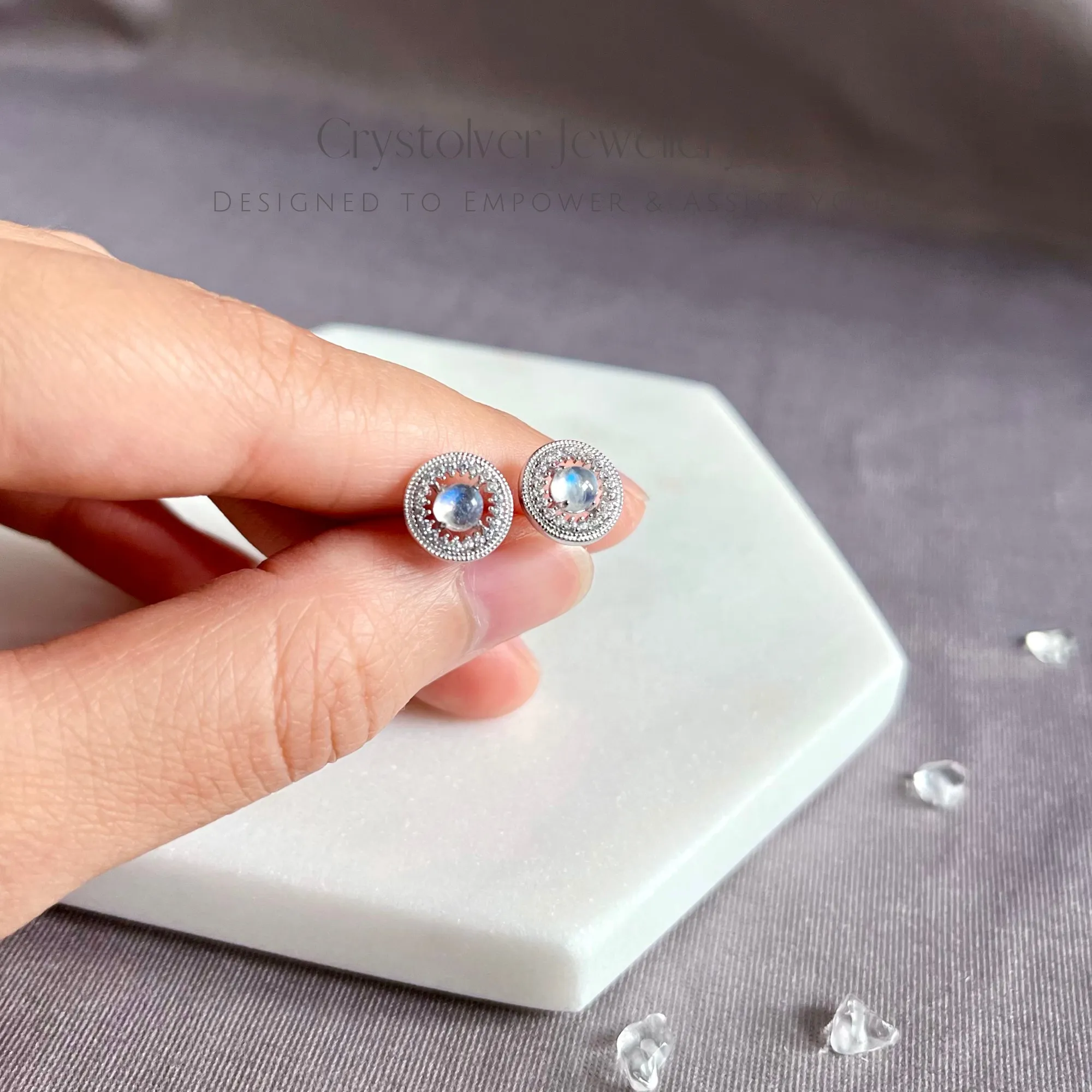 Moonstone Round Zircon Stud Earrings