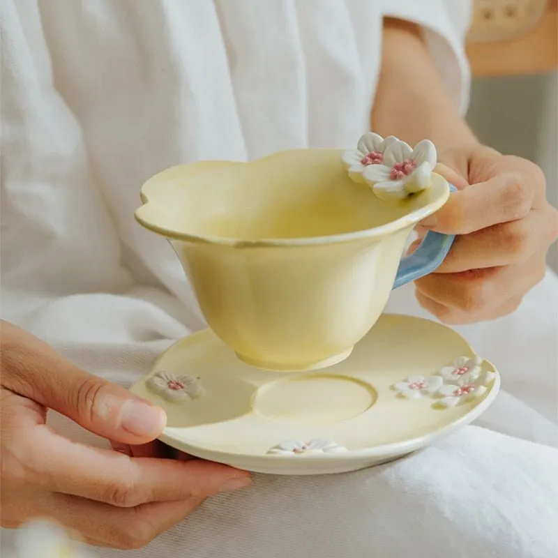 Nordic Relief Hand-painted Ceramic Plum Cup and Saucer Set