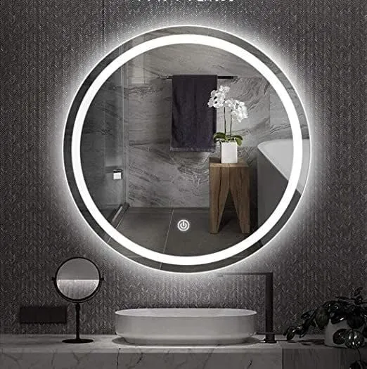 PLAZZIO Decorative led Round Bathroom Mirror for Bathroom, Wash Besin with 3 LED Lights (White,Warm,Natural White) and Touch Sensor Size 24X24 inch