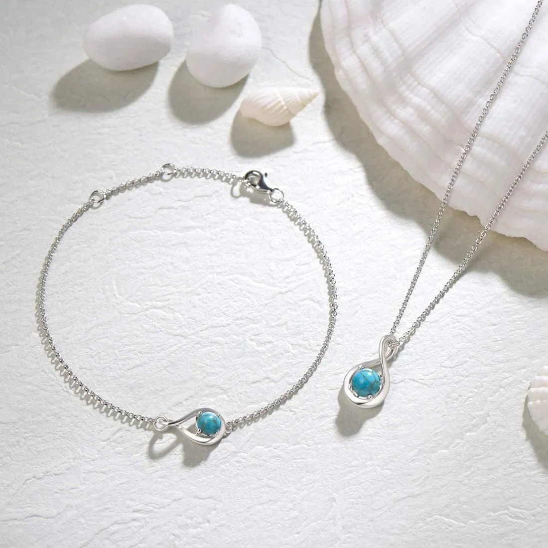 "Infinite Embrace" December Birthstone Blue Turquoise Stone Infinity Symbol Sterling Silver Bracelet