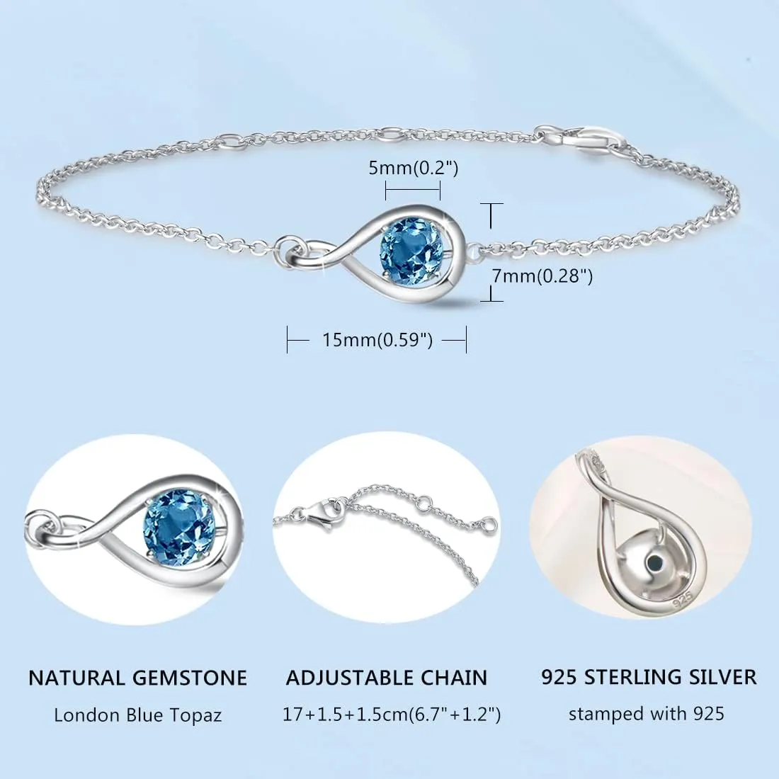 "Infinite Embrace" December Birthstone London Topaz Stone Infinity Symbol Sterling Silver Bracelet