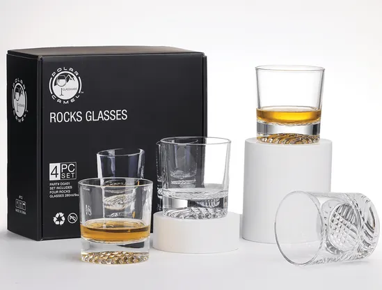 Round Glass Whiskey Decanter Set with Four 9 oz Rocks Glasses in Gift Box