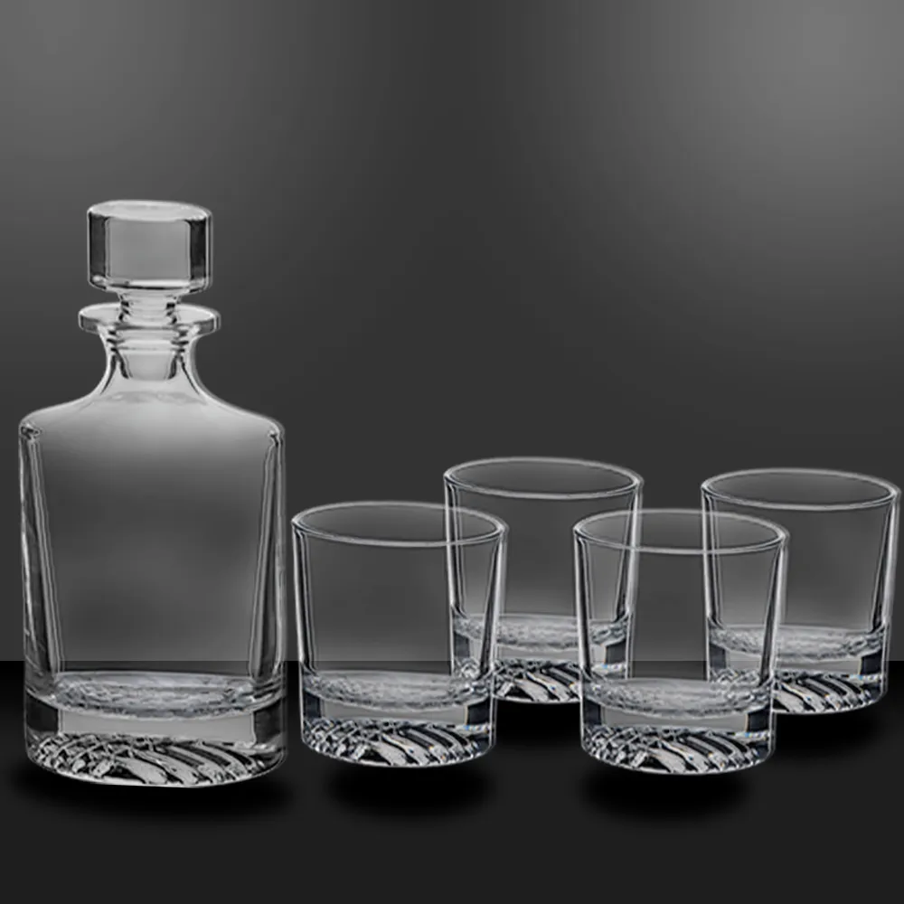 Round Glass Whiskey Decanter Set with Four 9 oz Rocks Glasses in Gift Box