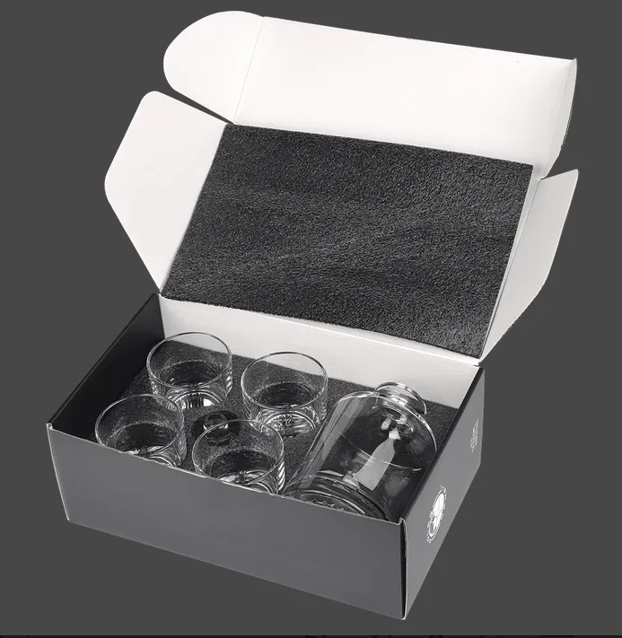 Round Glass Whiskey Decanter Set with Four 9 oz Rocks Glasses in Gift Box